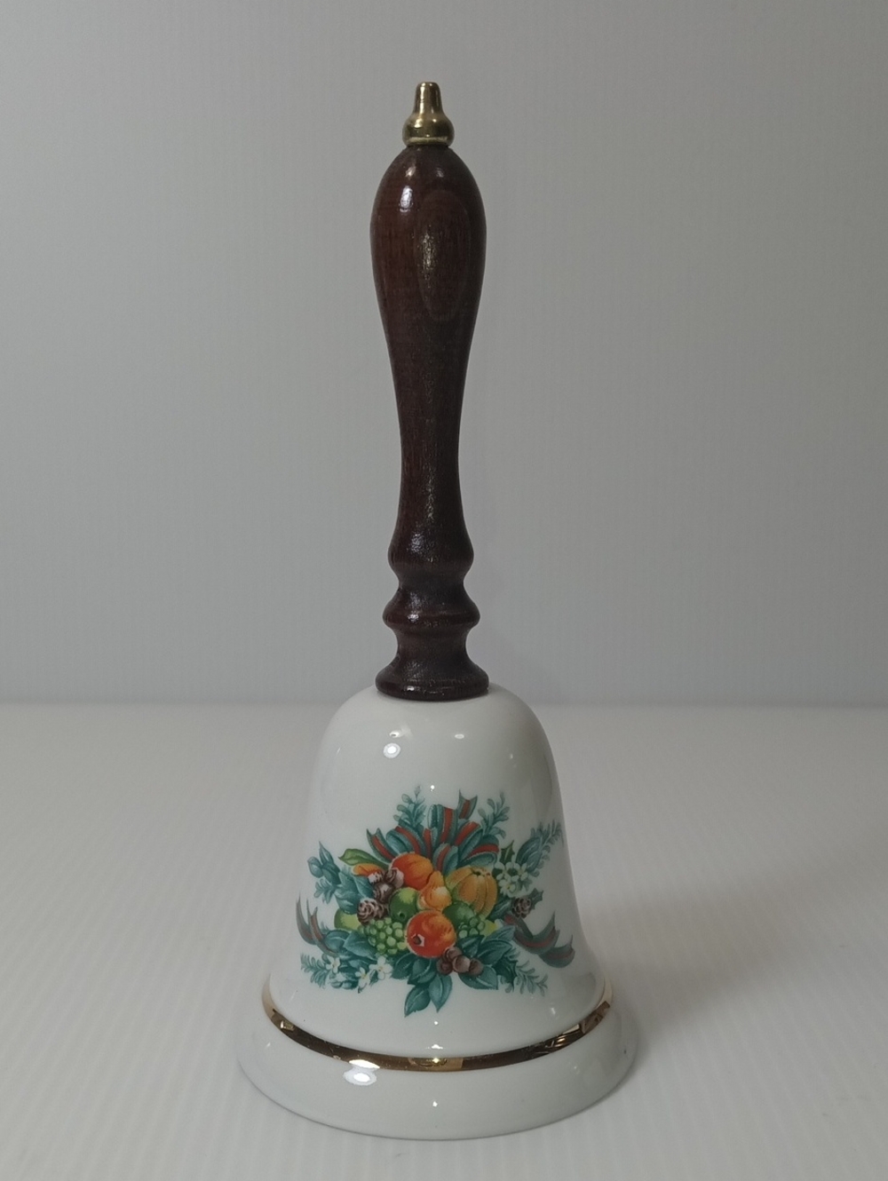 Vintage Decorative Porcelain Hand Bell with Wooden Handle - Fruit Motif